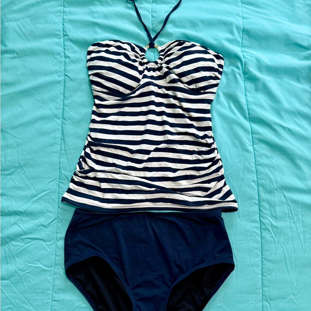 Michael Kors small tankini set navy blue stripe bathing suit swim halter
